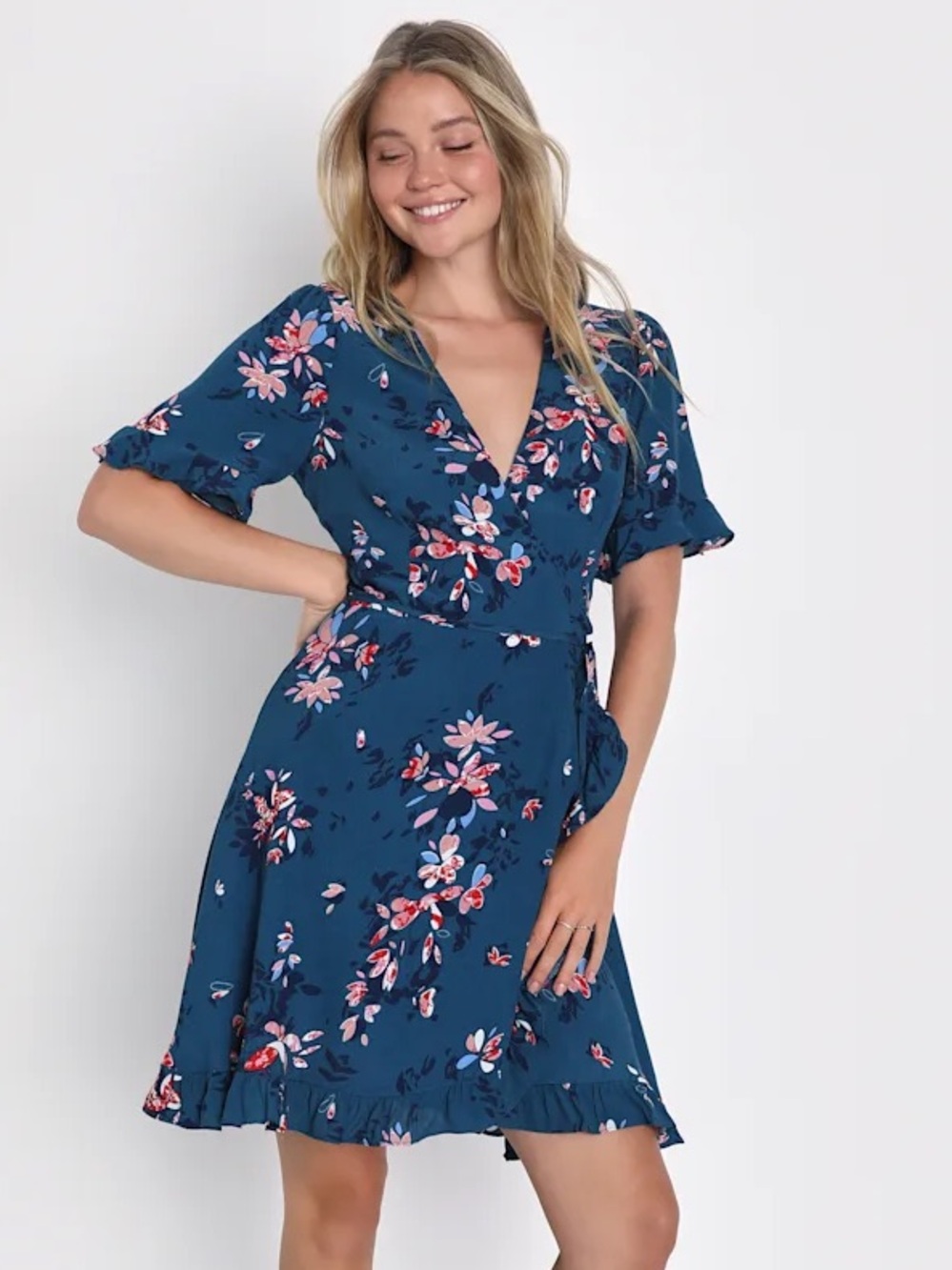 NWT Lulus Dalton Teal Floral Wrap Mini Dress | size medium